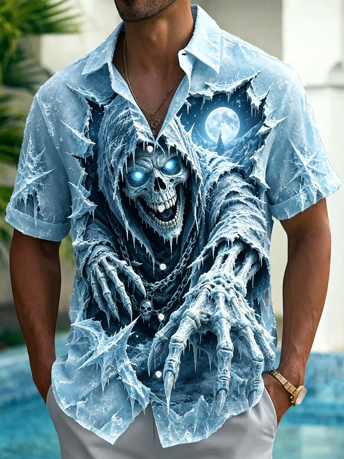 Ice Skull Print Men's Pocket Short Sleeve Shirts