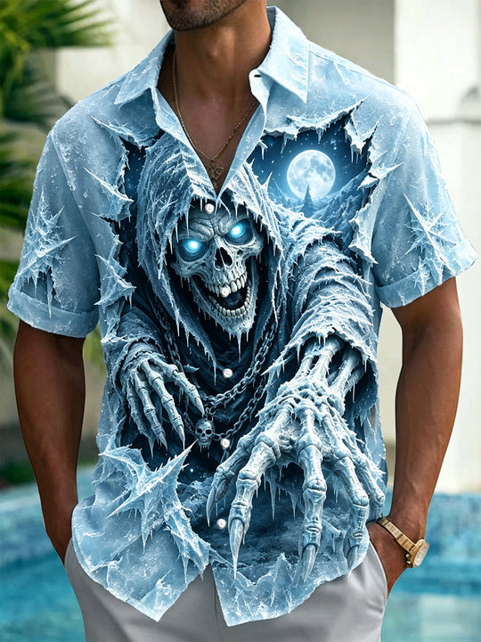 Ice Skull Print Men's Pocket Short Sleeve Shirts