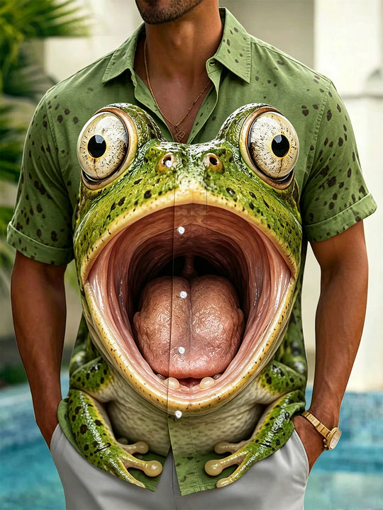 Funny Frog Print Men's Pocket Short Sleeve Shirts