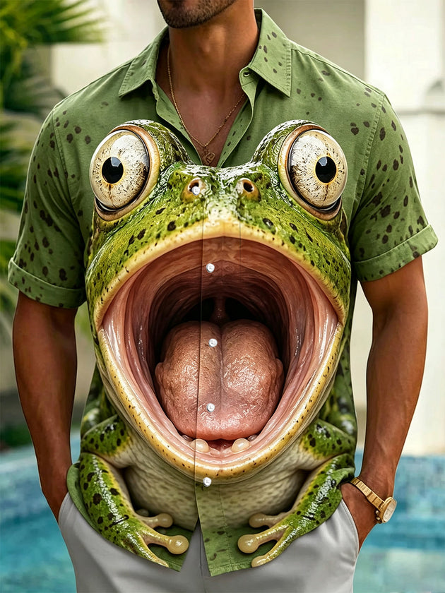 Funny Frog Print Men's Pocket Short Sleeve Shirts