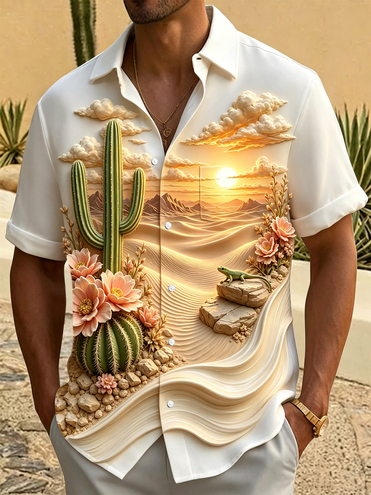 Desert Cactus Landscape Print Men's Pocket Short Sleeve Shirts