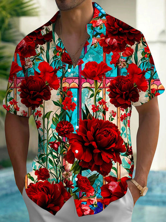 Vintage Floral Window Print Men's Pocket Short Sleeve Shirts