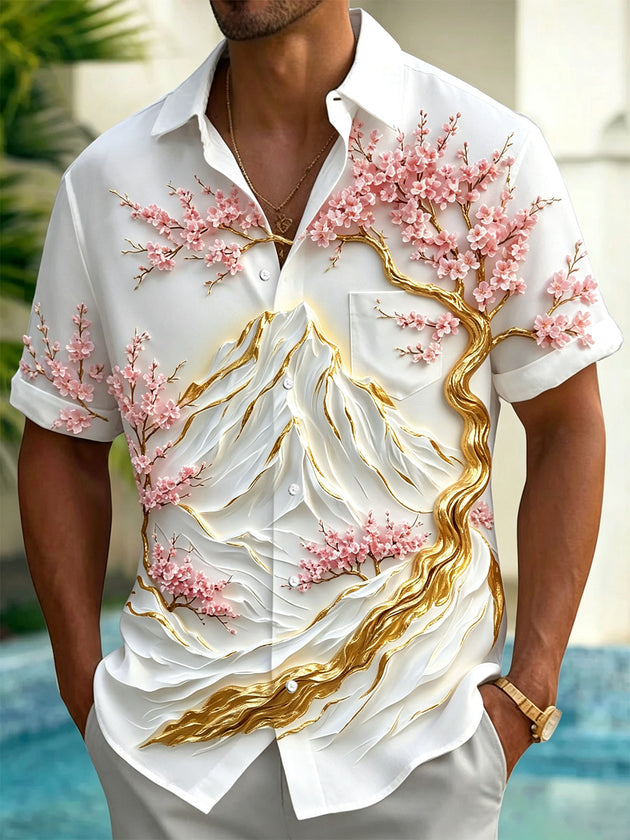 Mountain Blossom Print Men's Pocket Short Sleeve Shirts