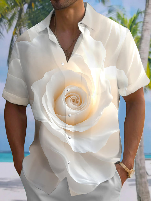 White Rose Print Men's Pocket Short Sleeve Shirts