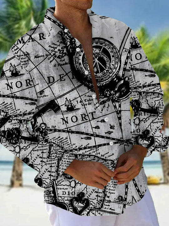 Vintage Nautical Map Print Men's Pocket Long Sleeve Shirts