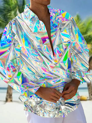 Adaychic Men's Graphic 3D Holographic Crinkled Foil Print Long Sleeve Button Down Shirt with Chest Pocket