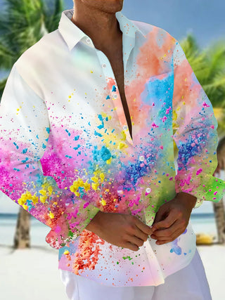 Adaychic Men's Graphic Abstract Colorful Powder Splatter Print Long Sleeve Button Down Shirt with Chest Pocket