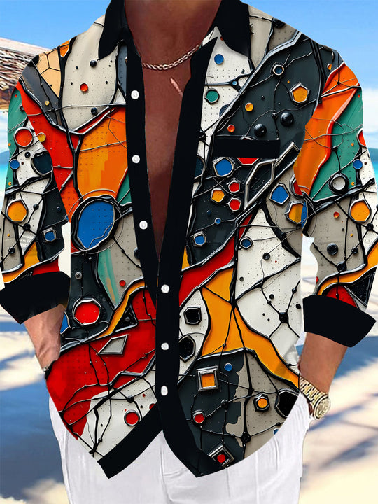 Colorful Abstract Geometric Print Men's Pocket Long Sleeve Shirts