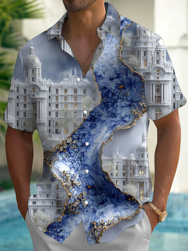 Architectural Floral Print Men's Pocket Short Sleeve Shirts