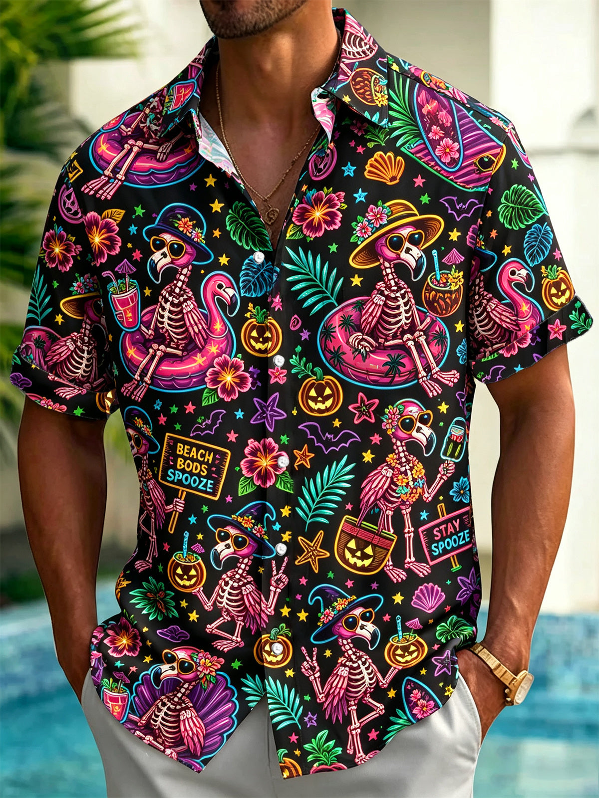 Adaychic Men's Hawaiian Floral Flamingo Skeleton Halloween Print Short Sleeve Button Down Shirt with Chest Pocket