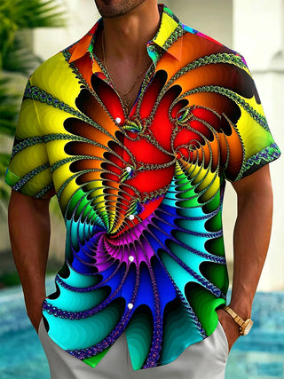Adaychic Psychedelic Fractal Spiral Print Matching Couple Short Sleeve Button Down Shirts