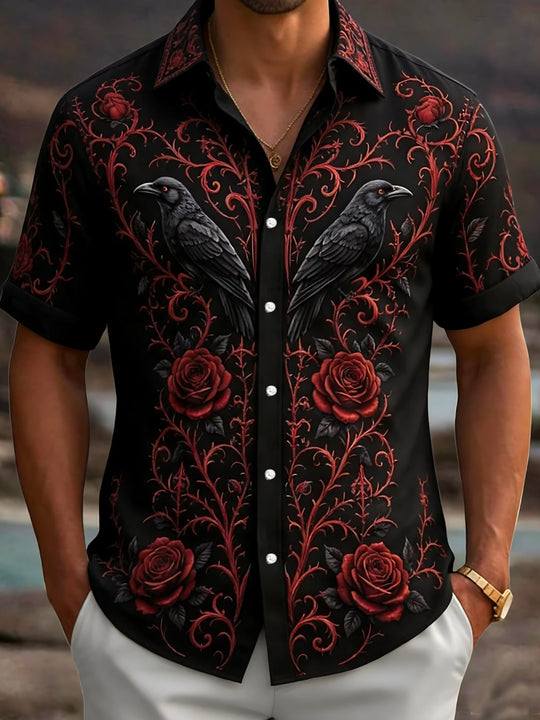 Dark Crow Floral Print Men's Pocket Short Sleeve Shirts