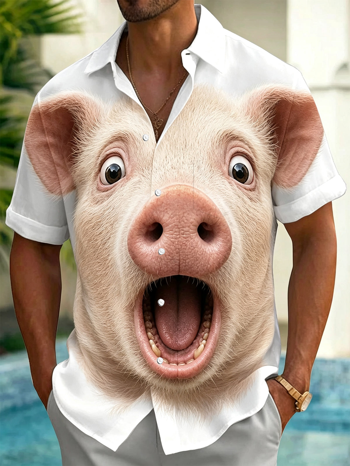 Funny Pig Print Men's Pocket Short Sleeve Shirts