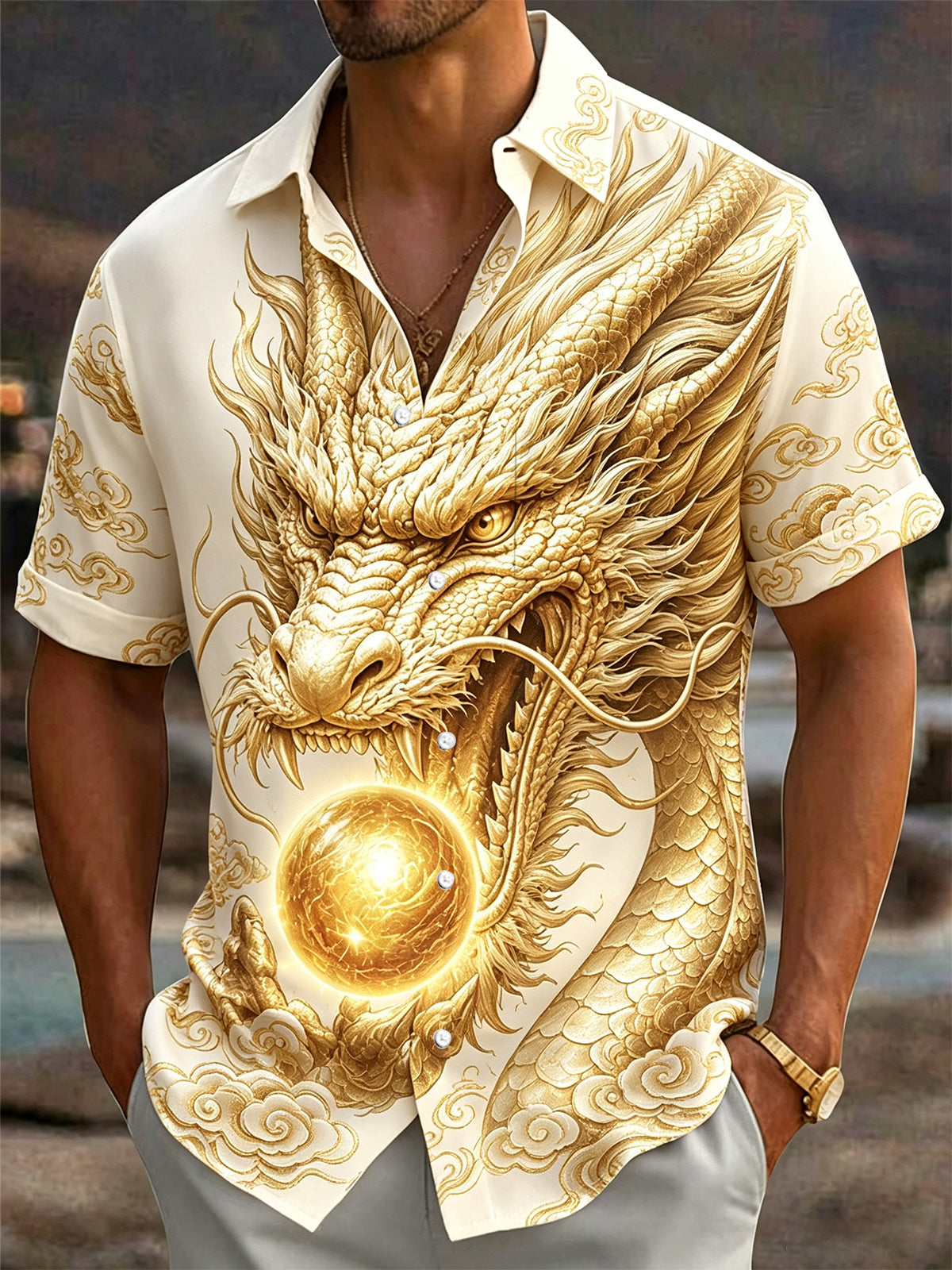 Dragon Print Men's Pocket Short Sleeve Shirts