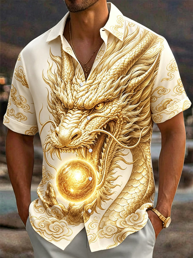 Dragon Print Men's Pocket Short Sleeve Shirts
