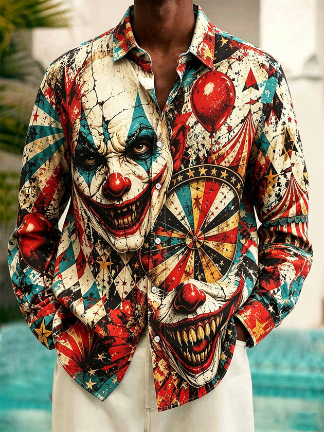 Vintage Dark Clown Print Men's Pocket Long Sleeve Shirts
