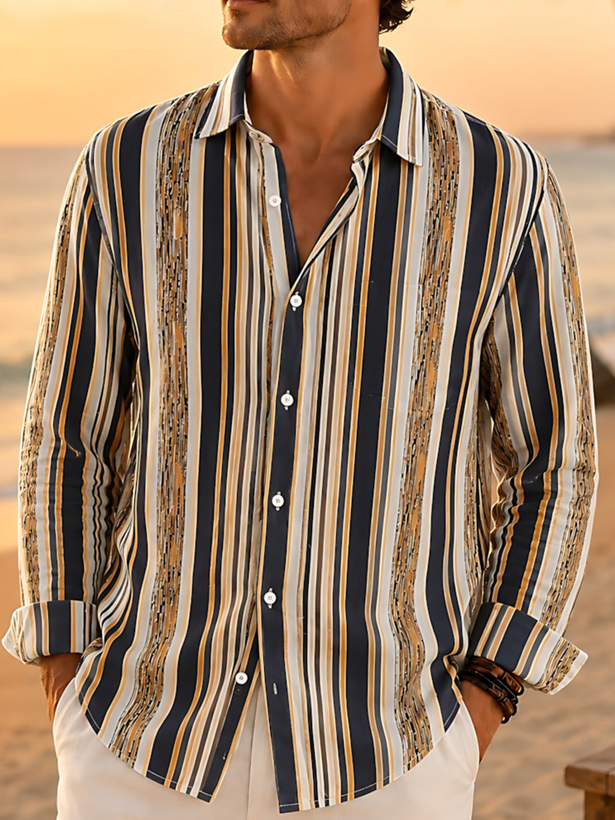 Geometric Stripe Print Men's Pocket Long Sleeve Shirts