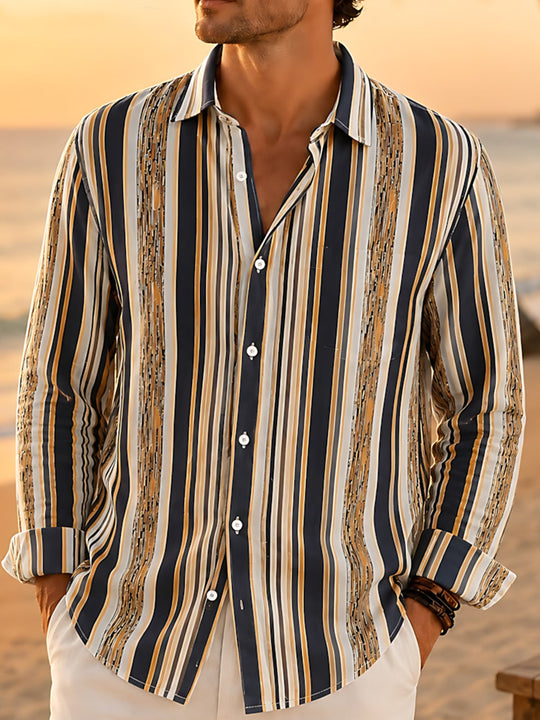 Geometric Stripe Print Men's Pocket Long Sleeve Shirts