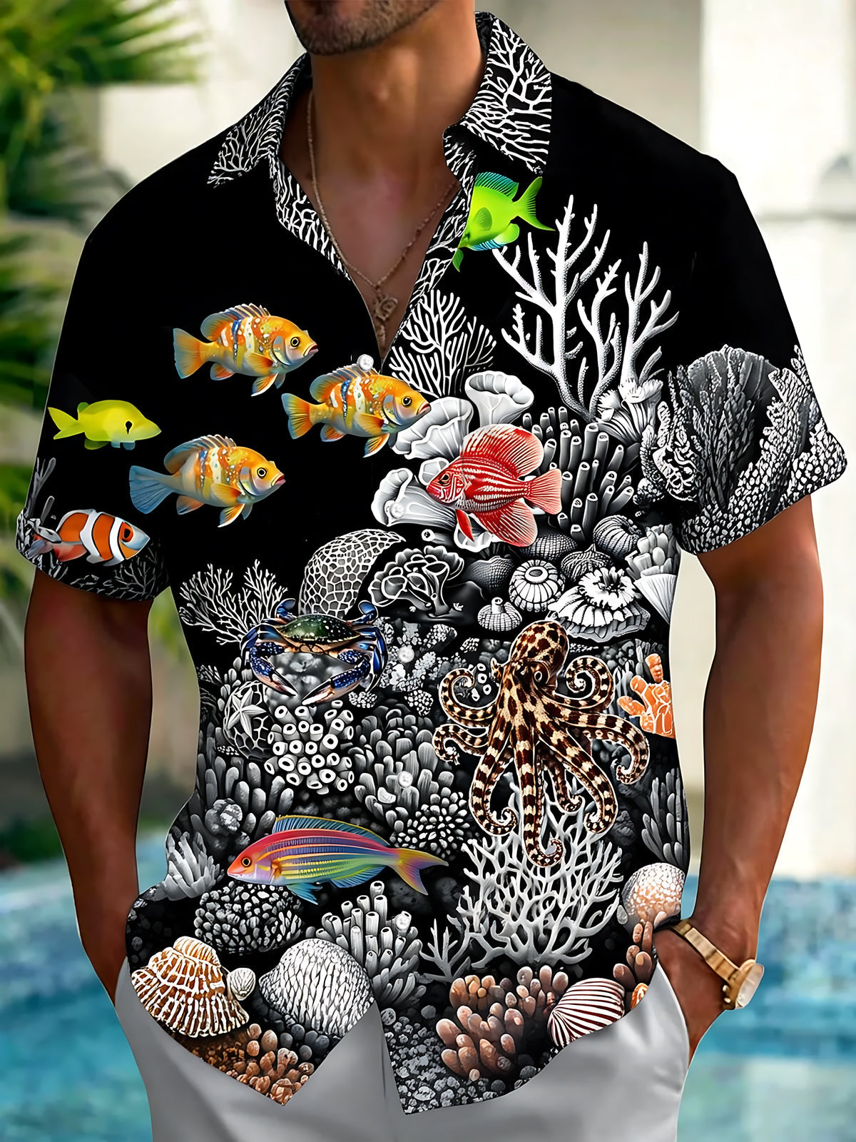 Adaychic Men's 3D Underwater Marine Life Graphic Print Short Sleeve Button Down Shirt with Chest Pocket
