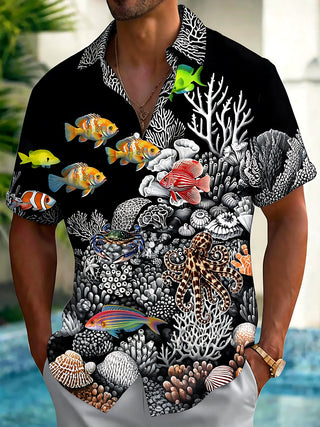 Adaychic Men's 3D Underwater Marine Life Graphic Print Short Sleeve Button Down Shirt with Chest Pocket
