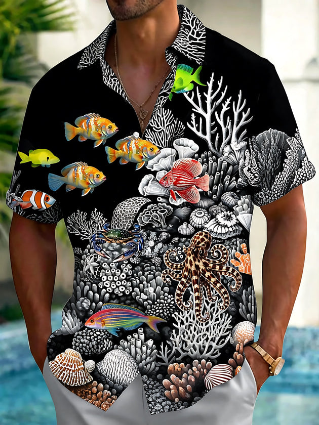 Marine Life Coral Tropical Fish Print Men's Pocket Short Sleeve Shirts