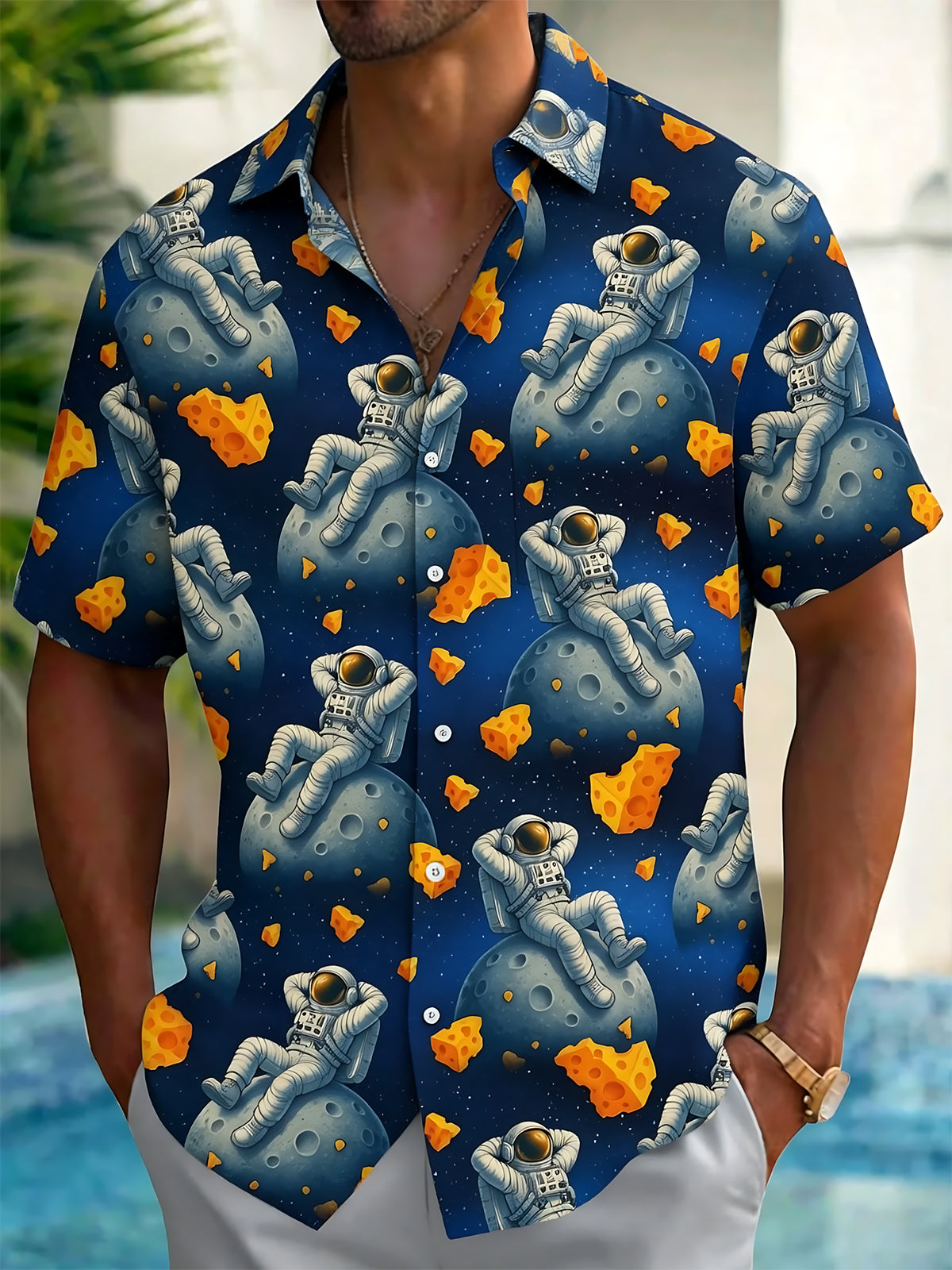 Space Astronaut Moon Cheese Print Men's Pocket Short Sleeve Shirts