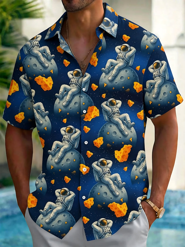 Space Astronaut Moon Cheese Print Men's Pocket Short Sleeve Shirts