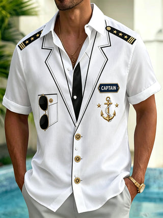 Adaychic Men's Striped Captain Anchor Nautical Short Sleeve Button Down Shirt with Chest Pocket