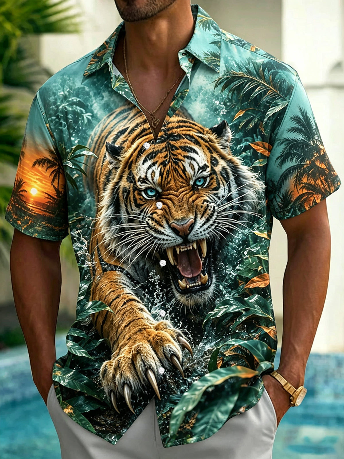 Jungle Tiger Print Men's Pocket Short Sleeve Shirts