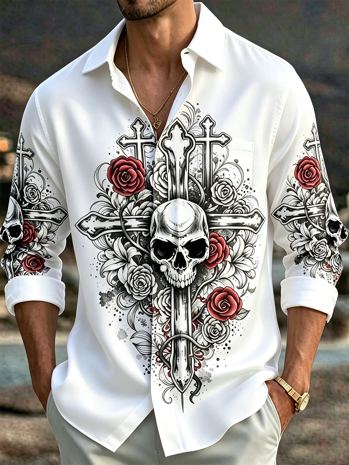 Adaychic Men's Floral Skull Cross Rose Graphic Print Long Sleeve Button Down Shirt with Chest Pocket