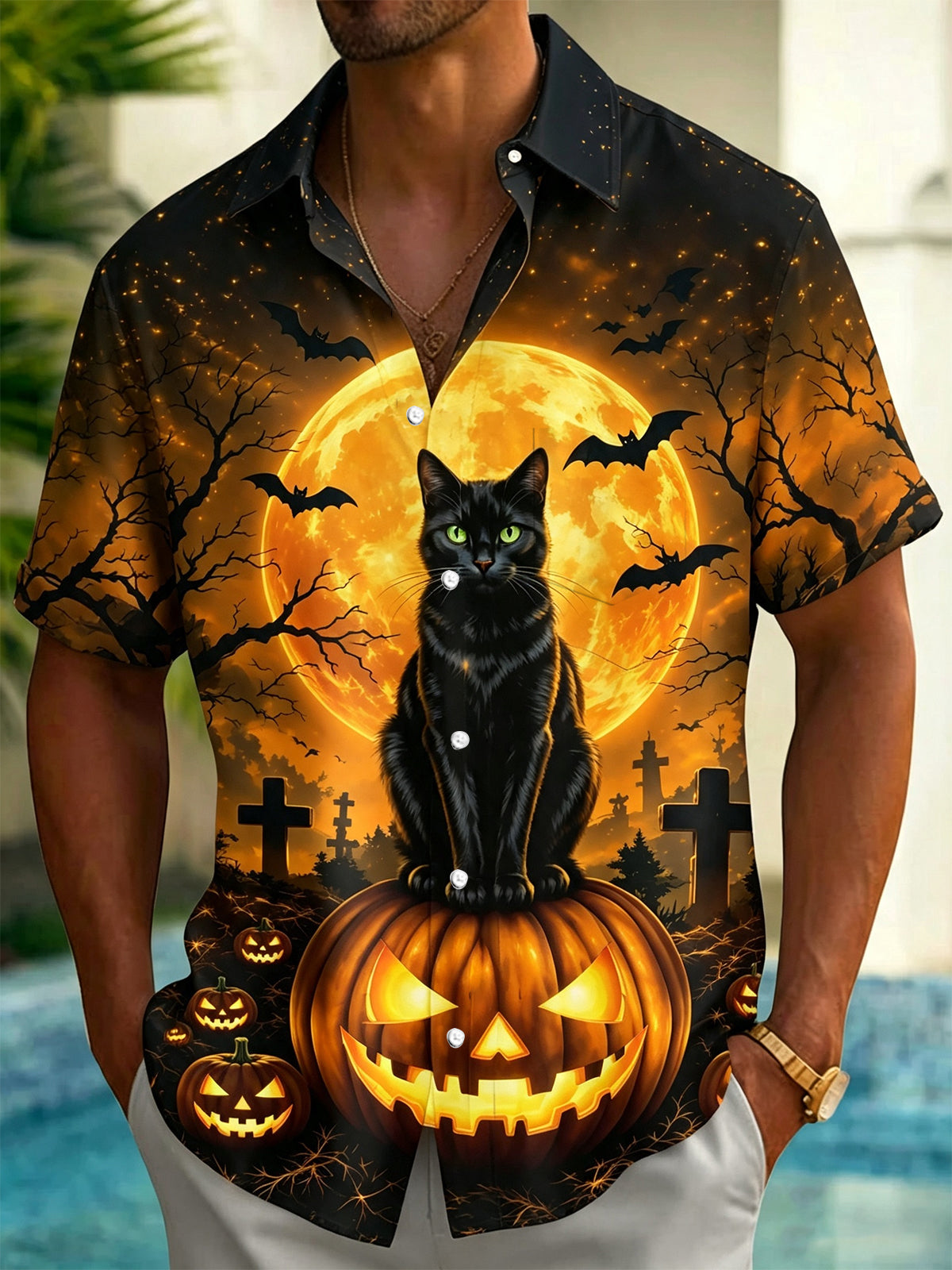 Adaychic Men's Graphic 3D Halloween Cat Pumpkin Moon Print Short Sleeve Button Down Shirt with Chest Pocket