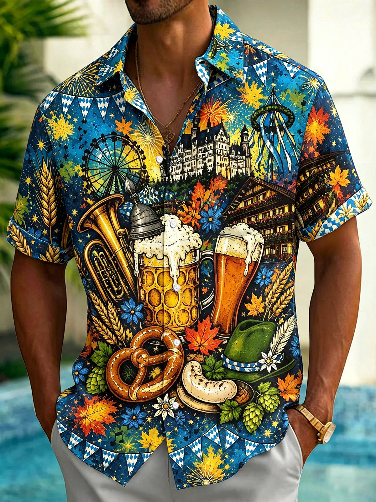 Adaychic Men's Graphic 3D Oktoberfest Beer Pretzel Castle Print Short Sleeve Button Down Shirt with Chest Pocket