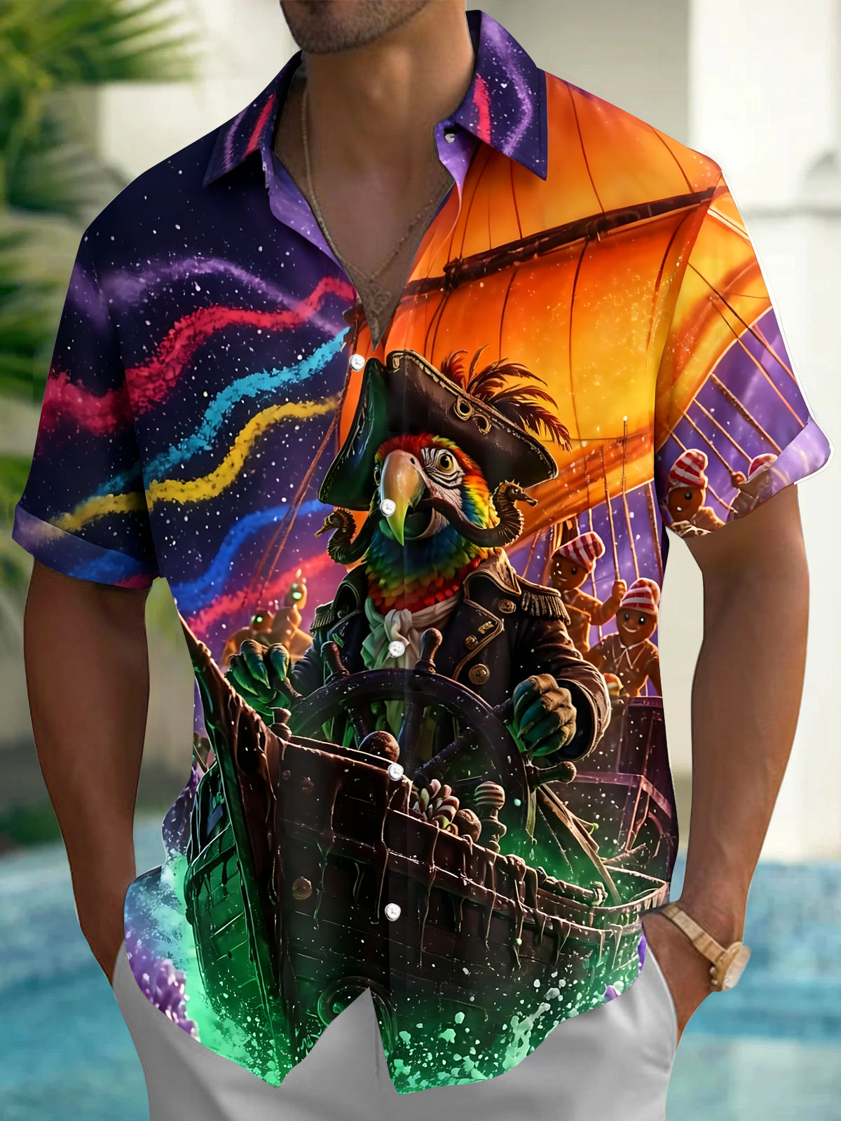 Adaychic Men's Graphic 3D Pirate Parrot Ship Galaxy Print Short Sleeve Button Down Shirt with Chest Pocket