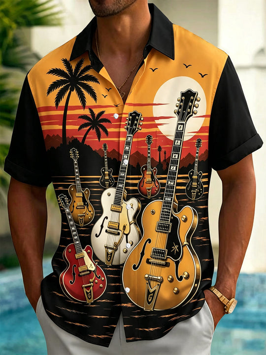 Vintage Guitar Beach Sunset Print Men's Pocket Short Sleeve Shirts