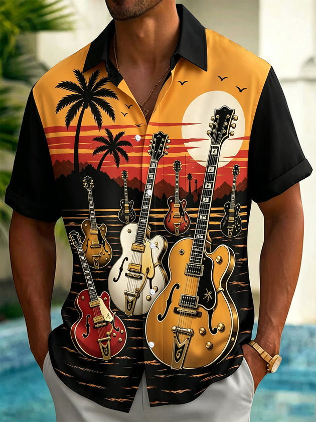 Vintage Guitar Beach Sunset Print Men's Pocket Short Sleeve Shirts