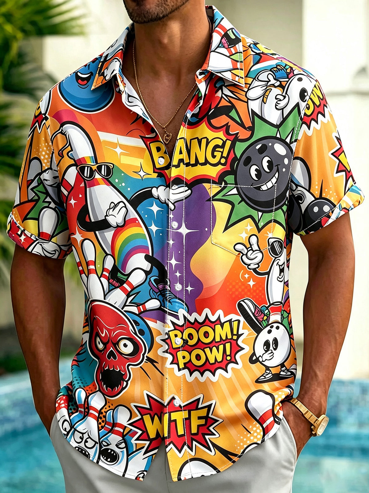 Adaychic Men's Graphic Retro Comic Bowling Pin Print Short Sleeve Button Down Shirt with Chest Pocket