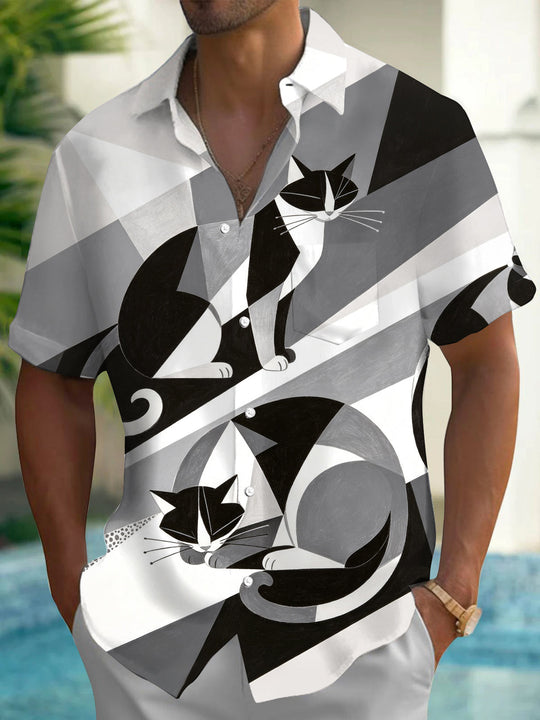 Geometric Cat Print Men's Pocket Short Sleeve Shirts