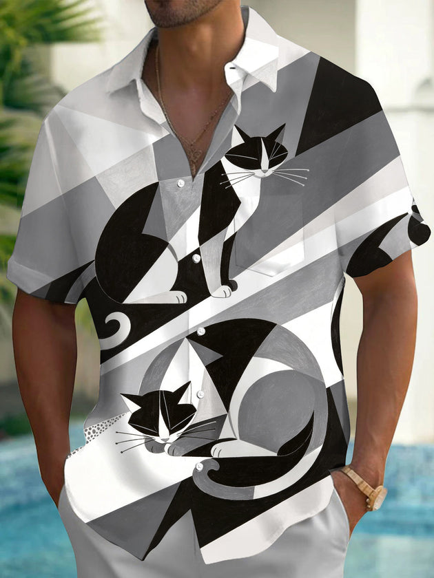Geometric Cat Print Men's Pocket Short Sleeve Shirts