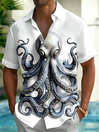 Adaychic Men's Graphic 3D Octopus Print Short Sleeve Button Down Shirt with Chest Pocket