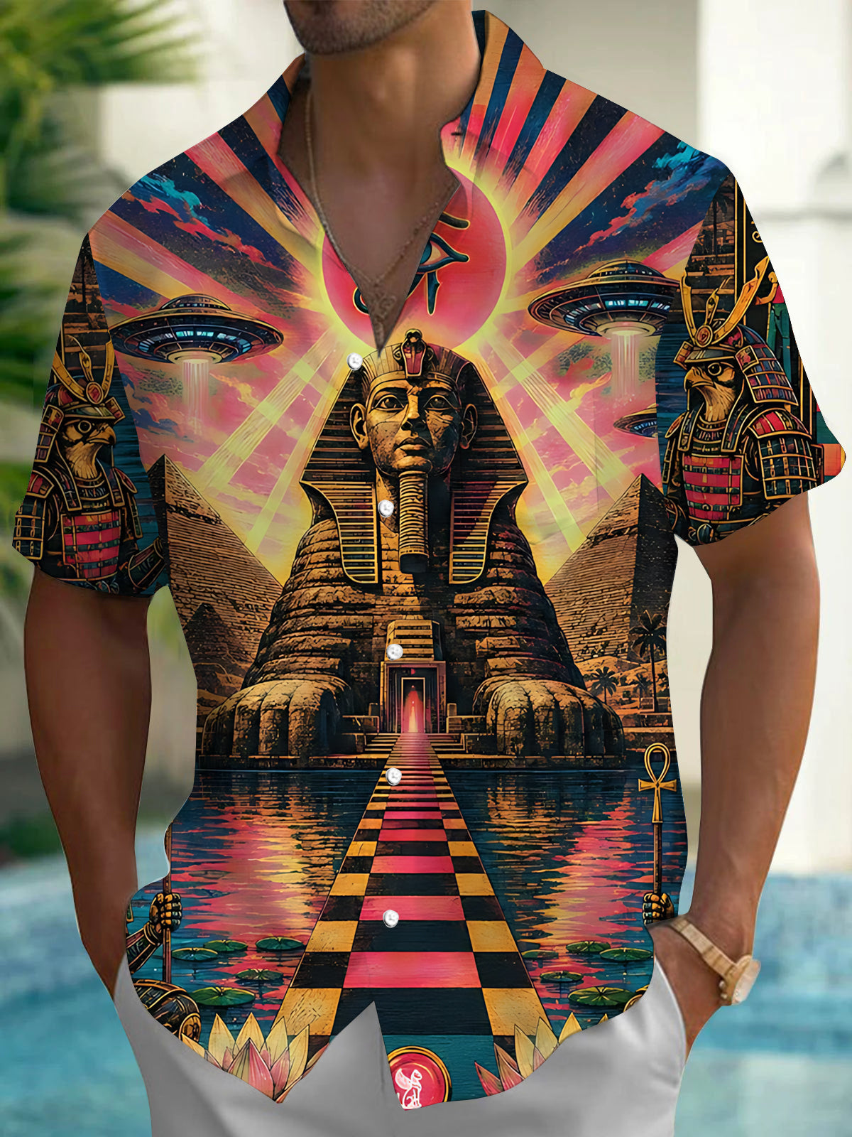 Adaychic Men's Graphic Retro Egyptian Sphinx Ufo Print Short Sleeve Button Down Shirt with Chest Pocket