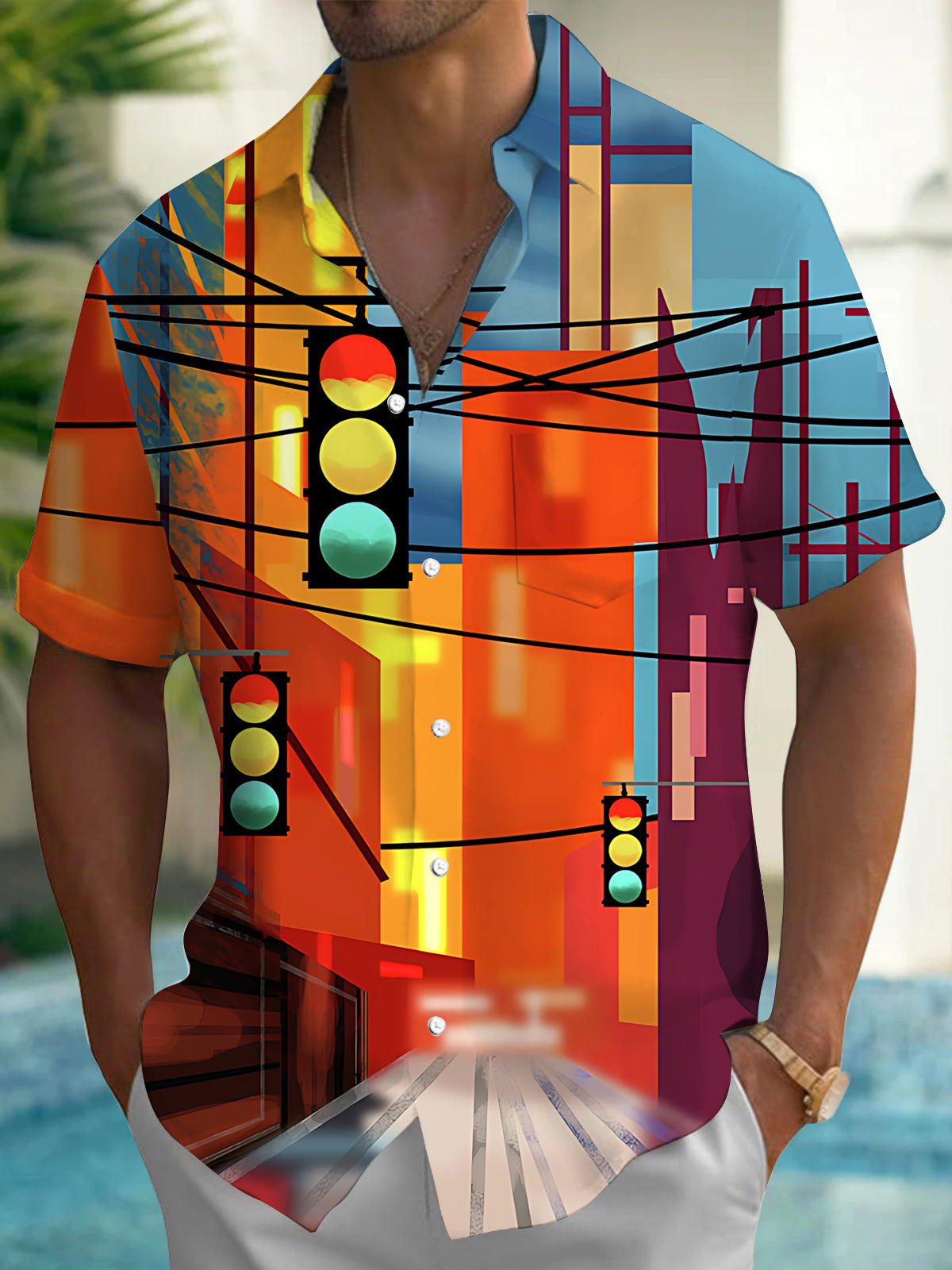 Adaychic Men's Graphic Abstract City Traffic Light Print Short Sleeve Button Down Shirt with Chest Pocket