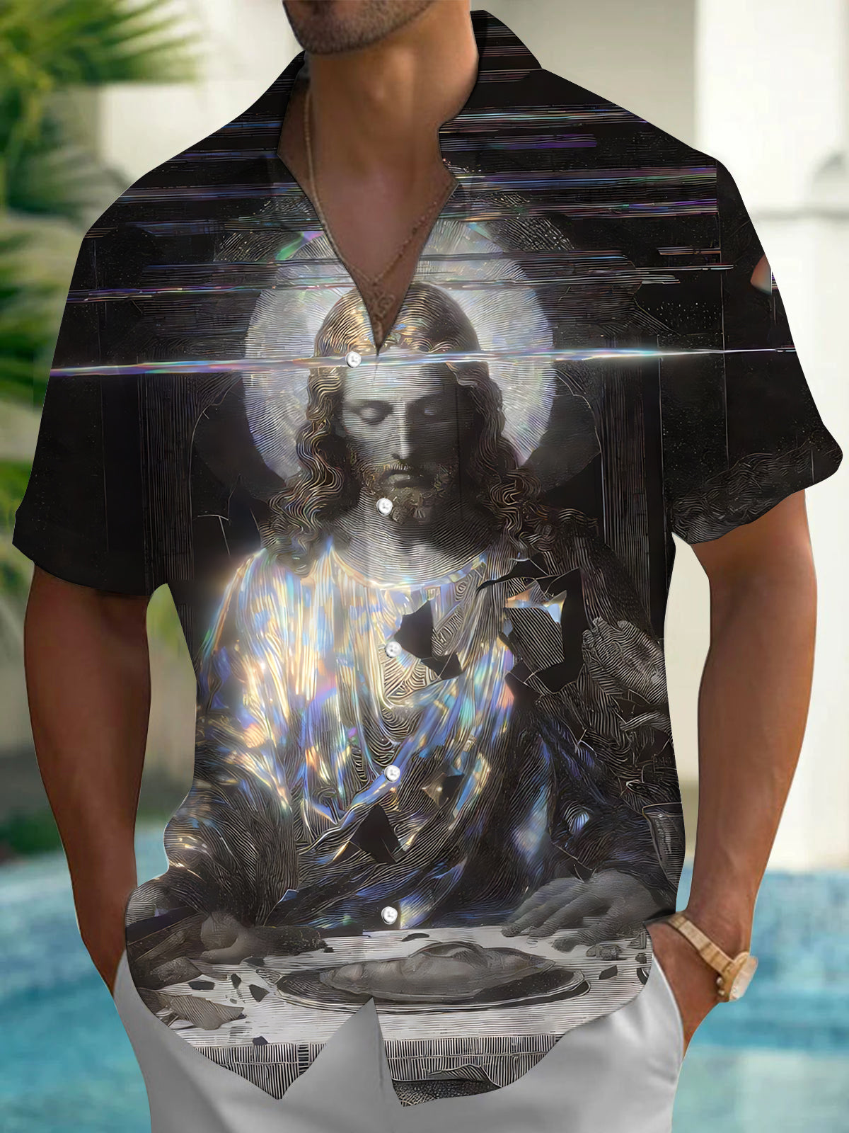 Adaychic Men's Jesus Graphic Print Short Sleeve Button Down Shirt with Chest Pocket