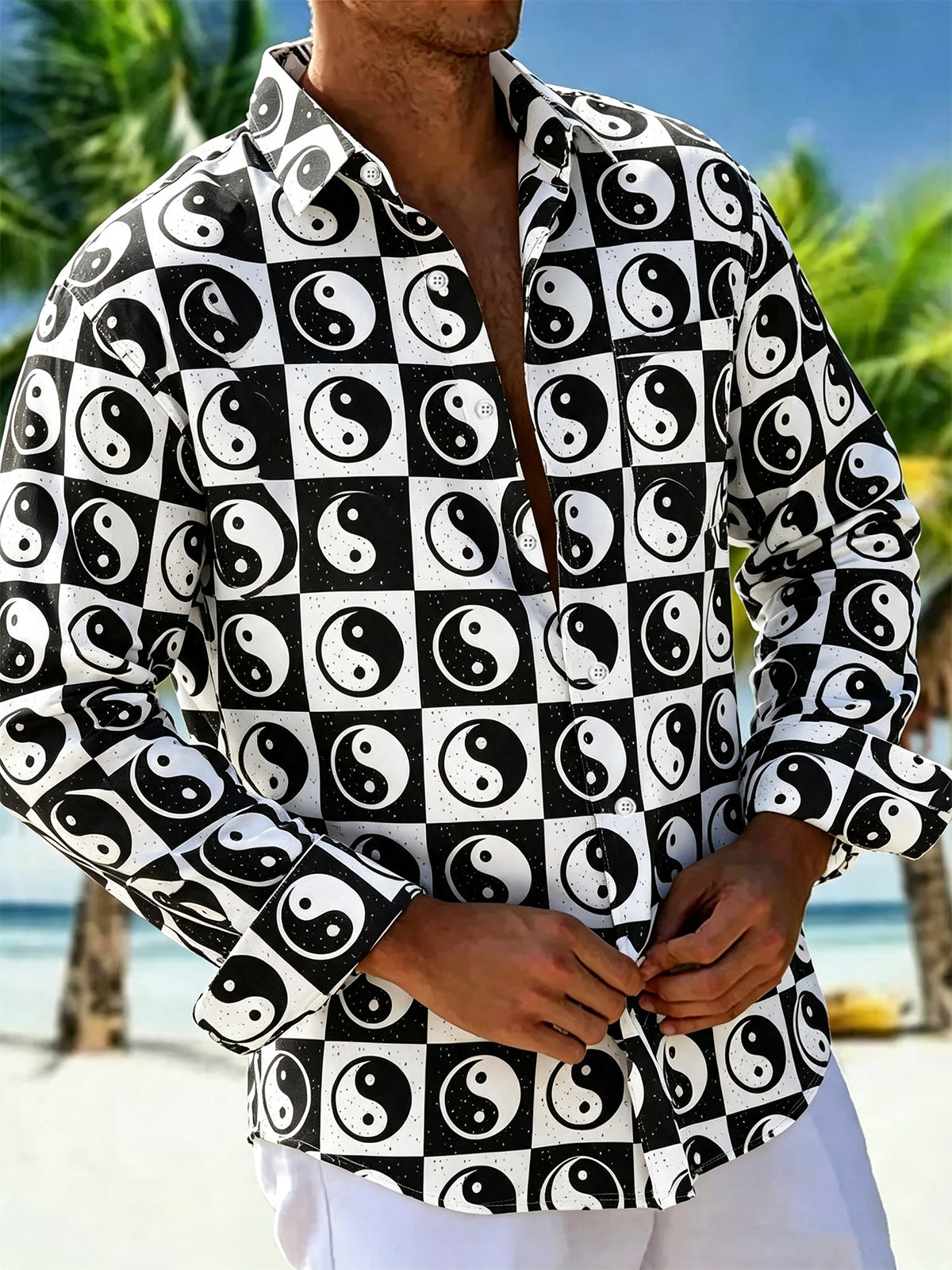 Adaychic Men's Graphic Geometric Yin Yang Checkerboard Print Long Sleeve Button Down Shirt with Chest Pocket