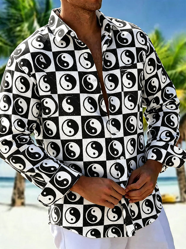 Taiji Yin Yang Symbol Print Men's Pocket Long Sleeve Shirts