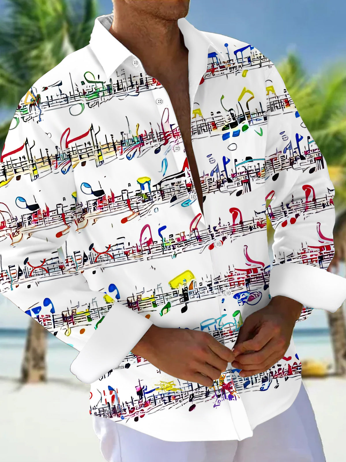 Adaychic Men's Graphic Colorful Musical Notes Print Long Sleeve Button Down Shirt with Chest Pocket