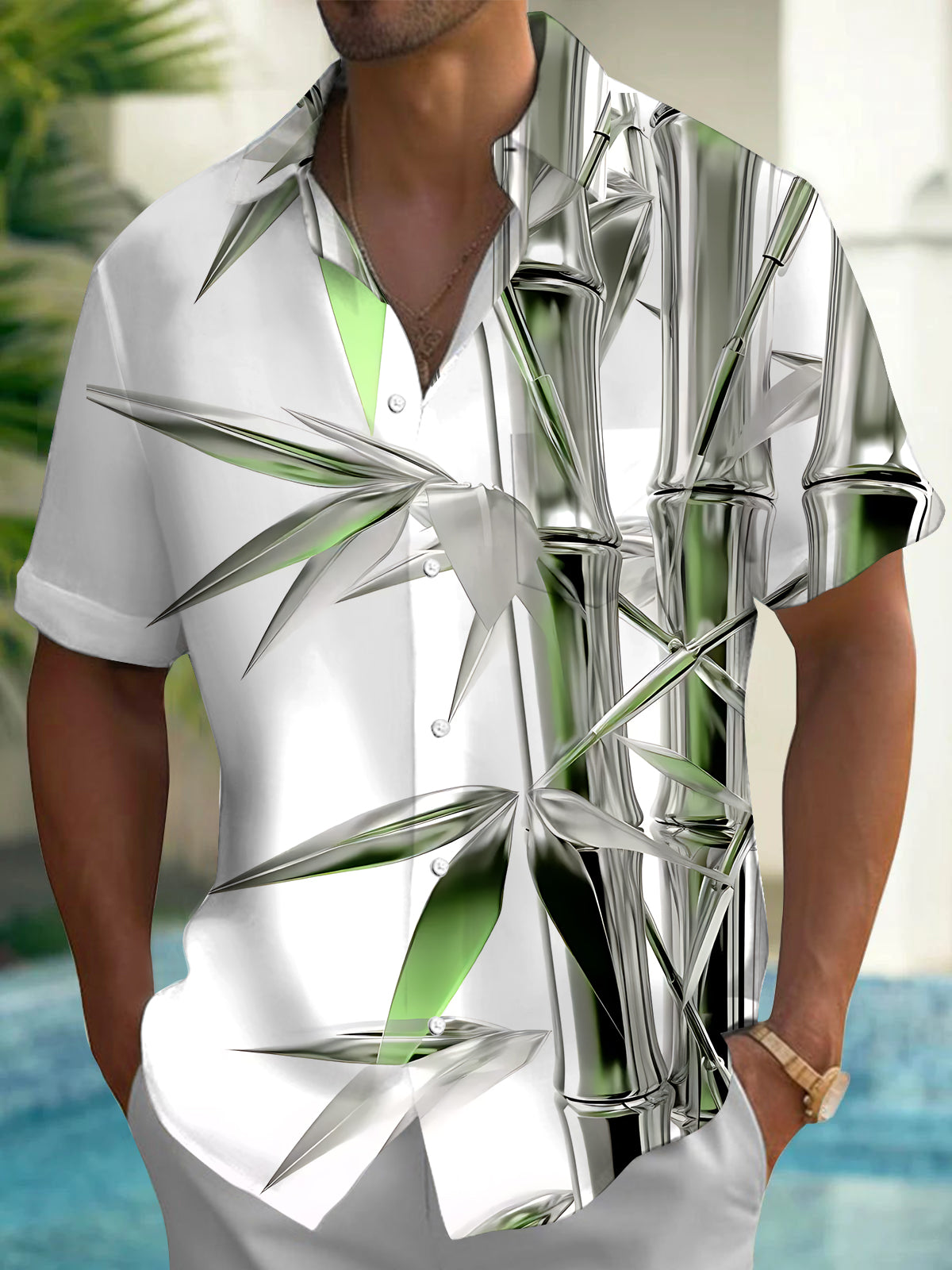 Bamboo Print Men's Pocket Short Sleeve Shirts