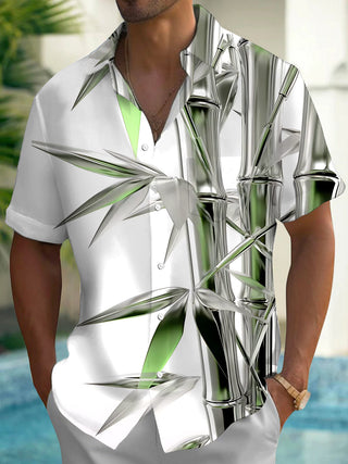 Adaychic Men's 3D Metallic Bamboo Graphic Print Short Sleeve Button Down Shirt with Chest Pocket