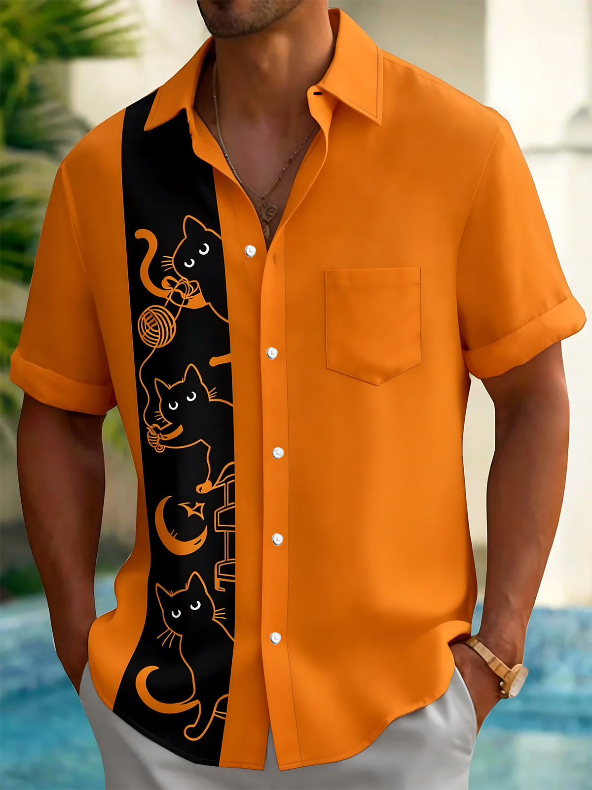 Adaychic Men's Cat Yarn Ball Graphic Print Short Sleeve Button Down Shirt with Chest Pocket