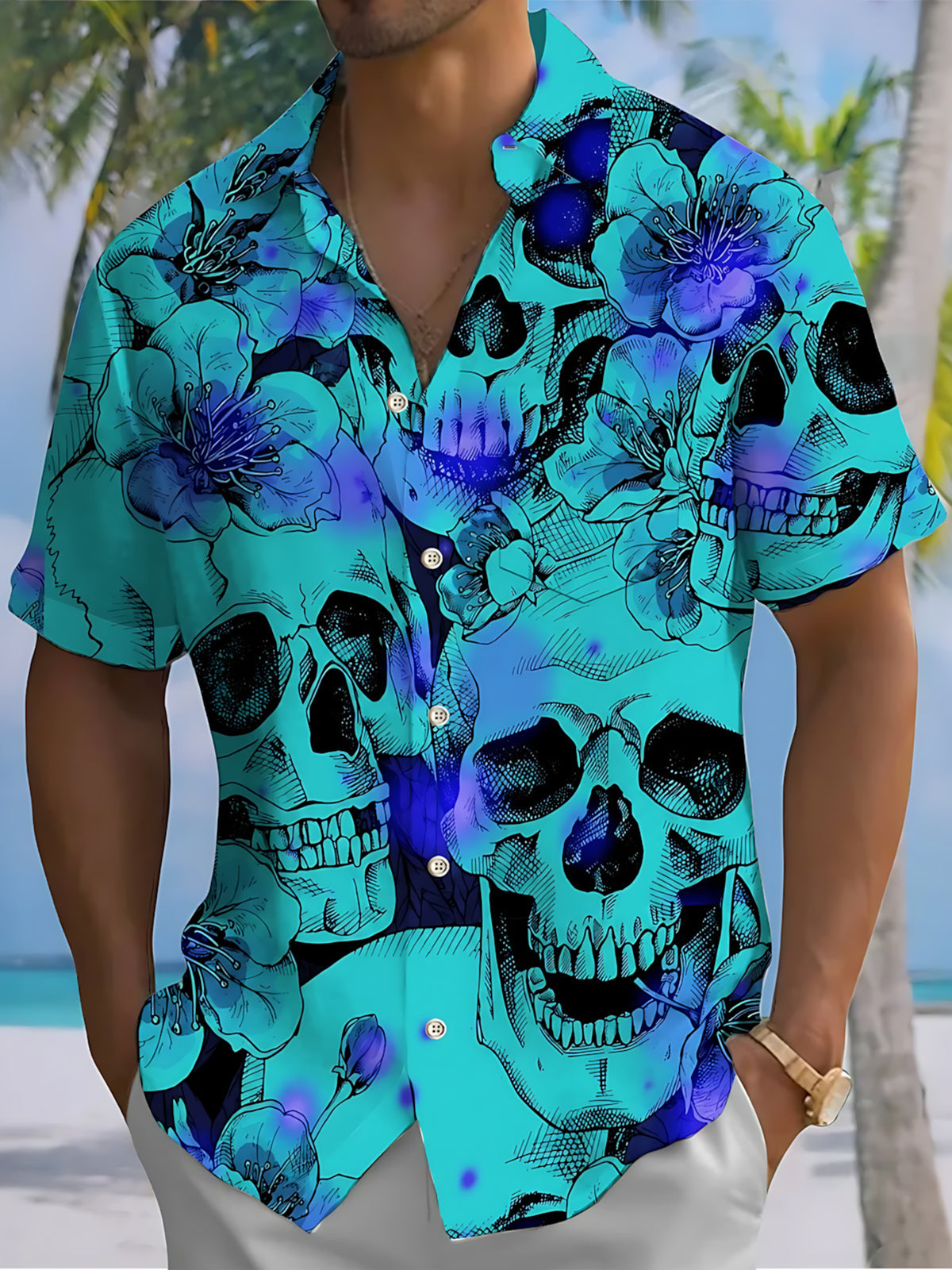 Adaychic Men's Graphic Skull Flower Pattern Print Short Sleeve Button Down Shirt with Chest Pocket