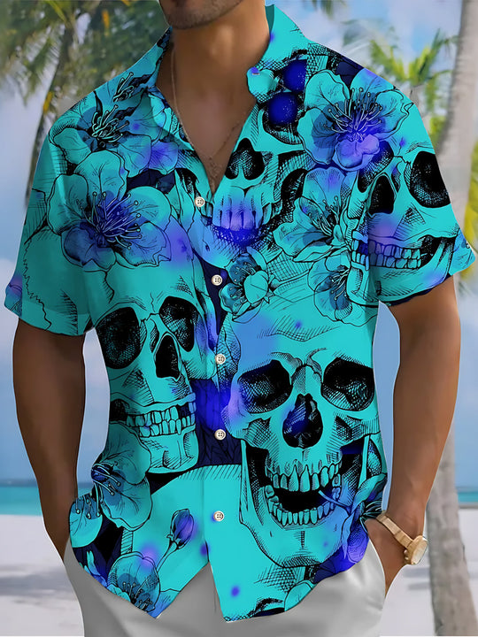 Skull Floral Print Men's Pocket Short Sleeve Shirts